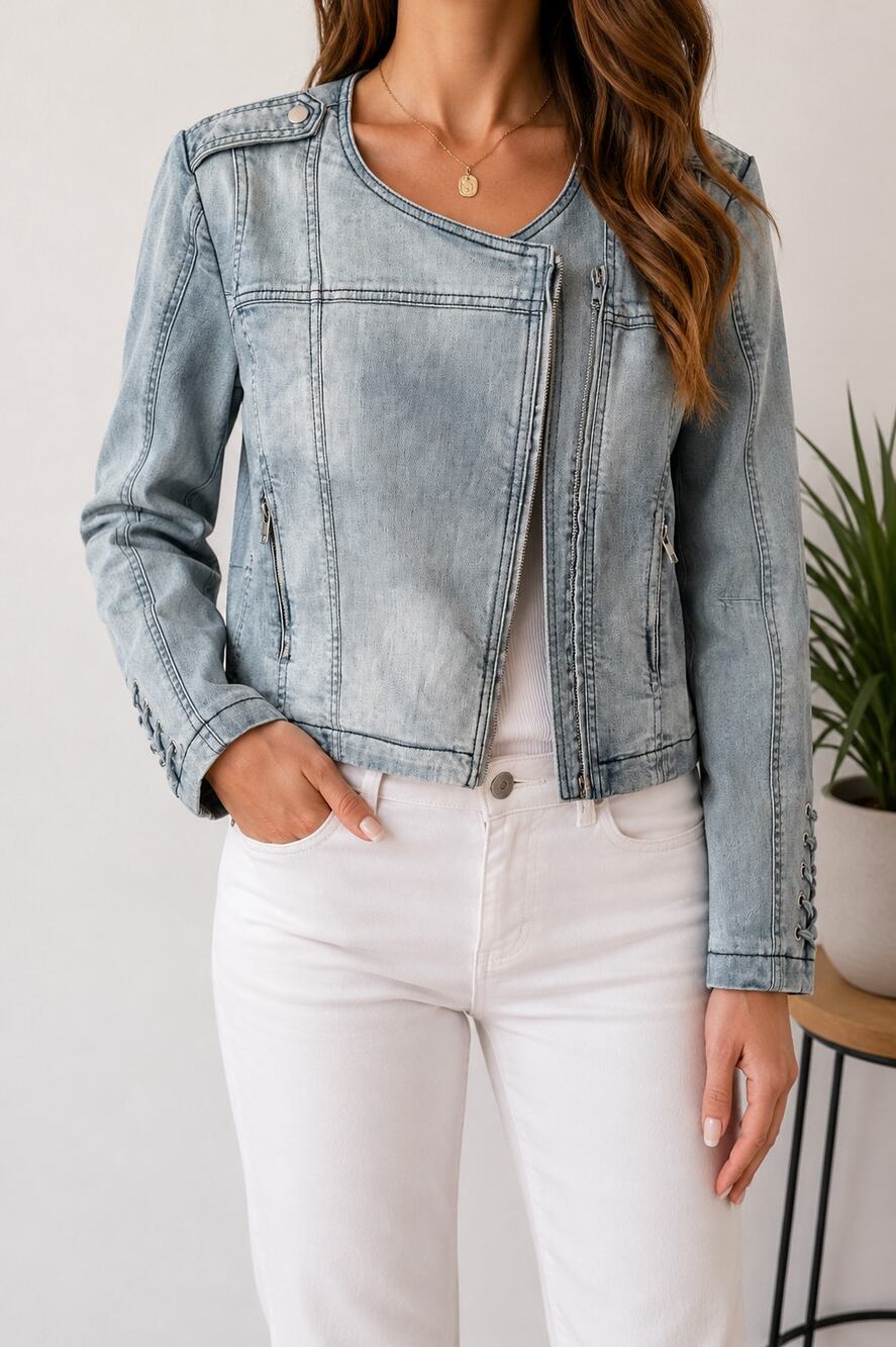 NWT Generation Love Vincent Denim Moto Jacket Light Wash Lace Up Sleeve Size S